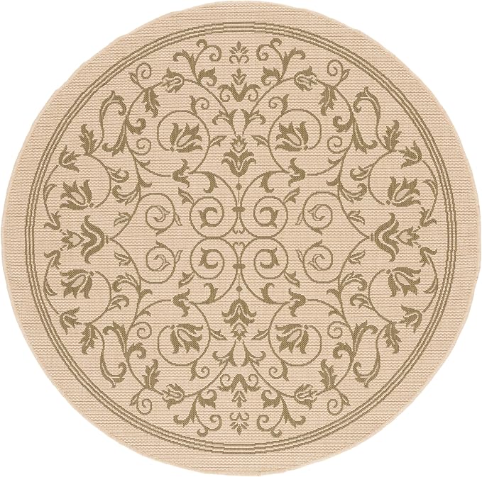 SAFAVIEH Washable Rug Outdoor Courtyard Collection - 5'3" Round, Natural & Olive, Non-Shedding & Easy Cleaning, Ideal for Patio, Backyard, Mudroom (CY2098-1E01)