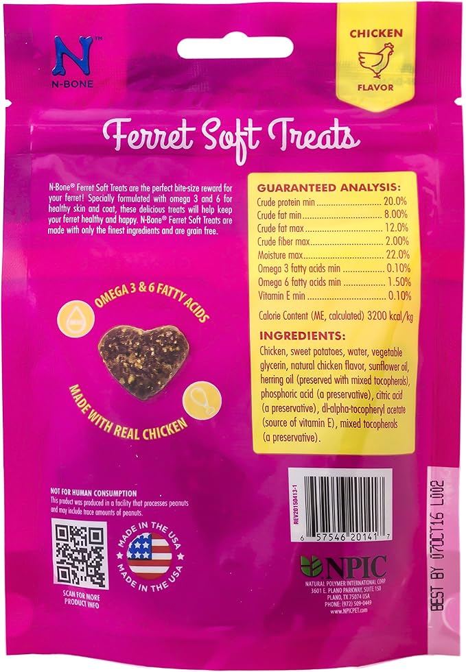 N-Bone Ferret Soft Treats, Chicken Flavor, Natural Soft Chew Treats for Ferrets, Delicious Everyday Snacks & Training Rewards, Made in USA, 3 oz