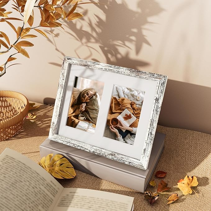 Vittanly 8x10 Collage Picture Frame, Displays 2Pcs 4x6 Pictures with Mat or 1Pcs 8x10 without Mat, Photo Frame for Wall Mounting or Table Top with Stand, Distressed White, 1 Pack