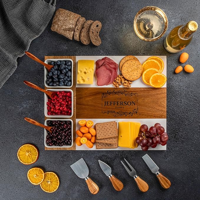 Personalized Charcuterie Board - Custom Engraved Wooden Marble Cheese Boards for Bridal Shower, Wedding, Housewarming, Birthday for Couples & Women