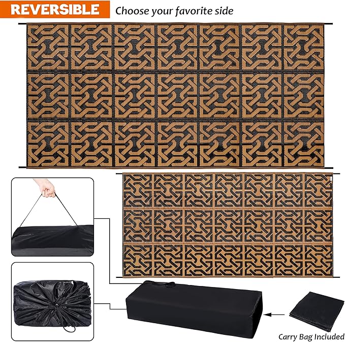 SAND MINE Reversible Mats, Plastic Straw Rug, Modern Area Rug, Large Floor Mat and Rug for Outdoors, RV, Patio, Backyard, Deck, Picnic, Beach, Camping, Trailer, Black & Brown, 9' x 18'