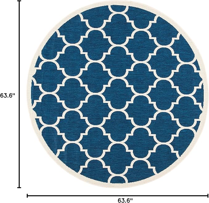SAFAVIEH Washable Rug Outdoor Courtyard Collection - 5'3" Round, Navy & Beige, Non-Shedding & Easy Cleaning, Ideal for Patio, Backyard, Mudroom (CY6914-268)
