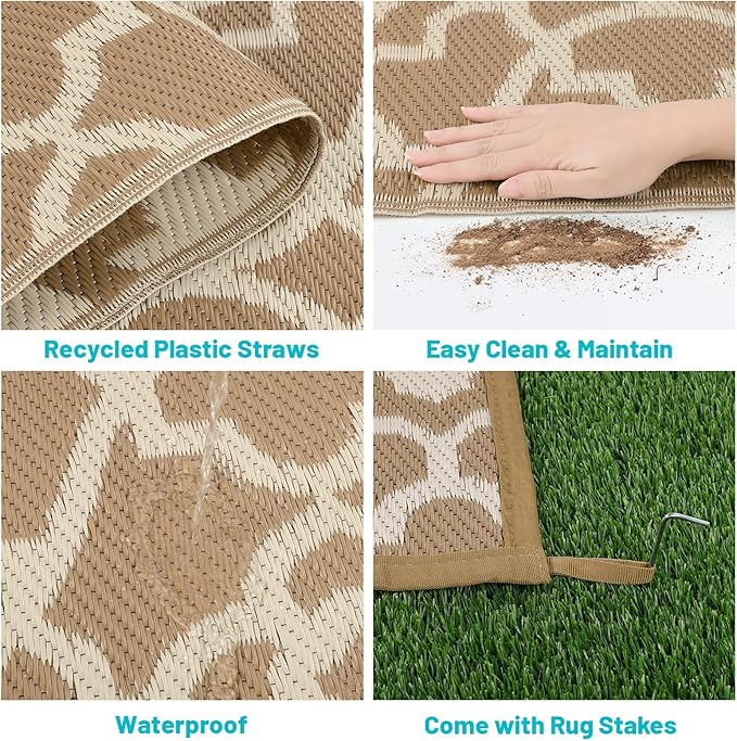 HEBE Outdoor Rug Waterproof 6x9, Plastic Straw Rug Camping Rug, Reversible Outdoor Patio Rugs RV Mat Clearance, Indoor Outside Floor Carpet for Porch,Deck,Camper,Balcony,Backyard