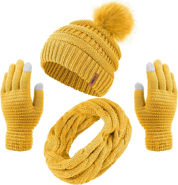 Aneco Womens Winter Warm Sets Knitted Fur Pompoms Beanie Hat Circle Loop Scarf Touch Screen Gloves Winter Favor Accessories