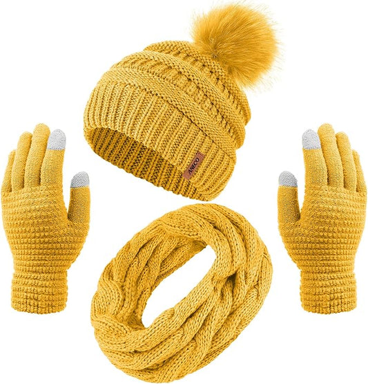 Aneco Womens Winter Warm Sets Knitted Fur Pompoms Beanie Hat Circle Loop Scarf Touch Screen Gloves Winter Favor Accessories