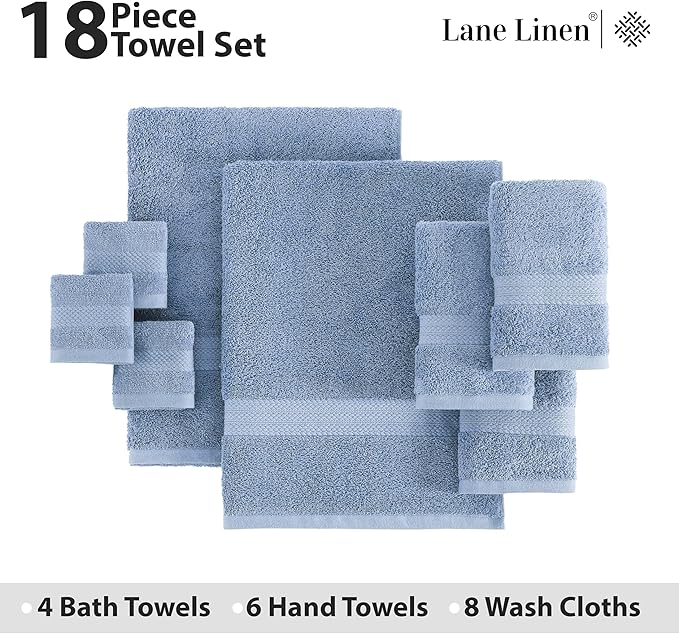 LANE LINEN Ring Spun Cotton Bath Towel Set, 18 PCs - 8 Washcloths, 6 Hand, 4 Luxury Bath Towels - Machine Washable & Sustainably Produced, Oeko-Tex Certified - Cerulean Blue