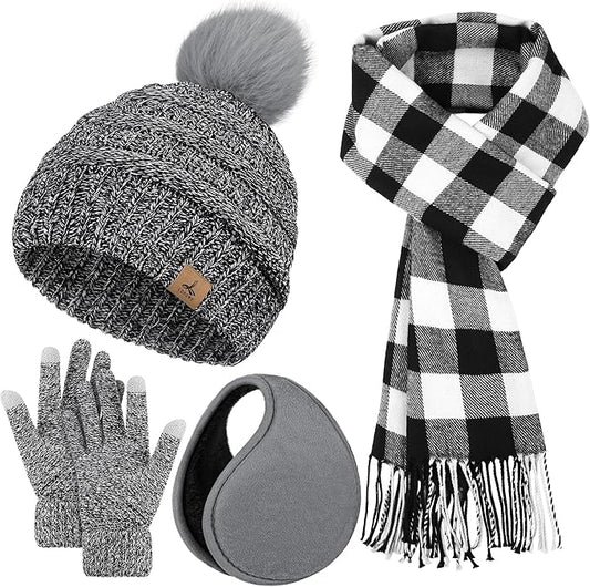 Winter Hat Scarf Gloves and Ear Warmer, Knit Warm Beanie Hat Touch Screen Gloves Long Knitted Plaid Scarf Set Gifts for Women