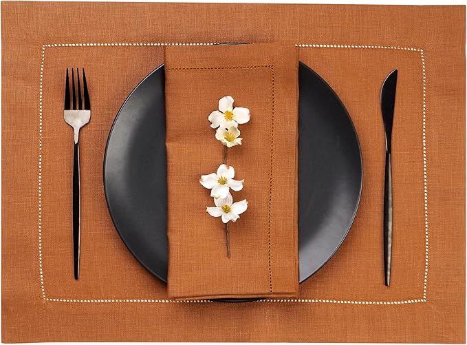 D'Moksha Homes Rust Linen Placemats Set of 4 - Classic Hemstitch Placemats 14 x 19 Inch - 100% Pure Linen Table Mats for Fall, Thanksgiving, Holiday - Handcrafted and Machine Washable