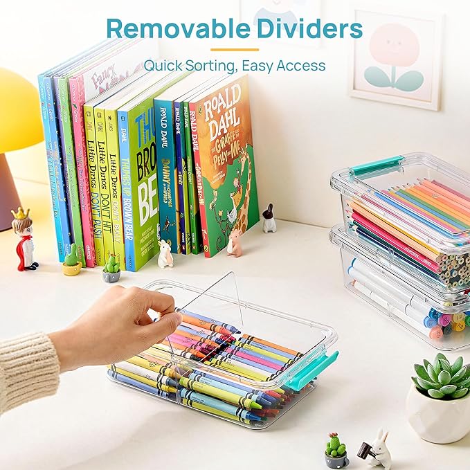 Vtopmart 8 Pack 1.5Qt Clear Pencil Box with Removable Divider, Plastic Pencil Case Crayon Box, Stackable Storage Containers with Lid for Pen, Art Craft, Back to School Teacher Supplies