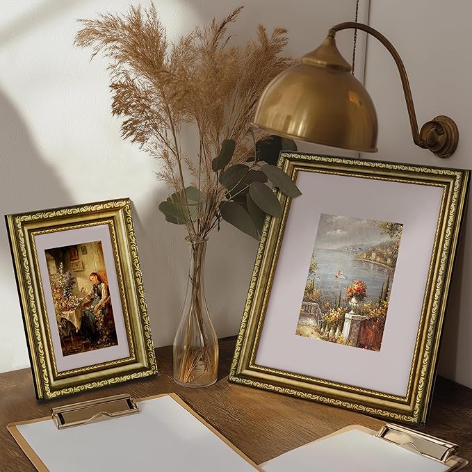 eletecpro 4x6 Picture Frames Set of 4, Vintage Gold Photo Frames with Glass, Displays 3.5x5 Photo with Mat or 4x6 without Mat for Tabletop or Wall Decor, Gold