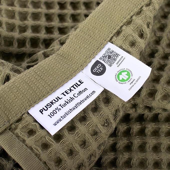 PÜSKÜL - Premium Waffle Towel Set 4 Pieces Khakie Green - Organic 100% Turkish Cotton Quick-Dry Towels for Bathroom Made in Turkiye (Khaki Green, Towel Set - 2 Hand & 2 Bath Towels)