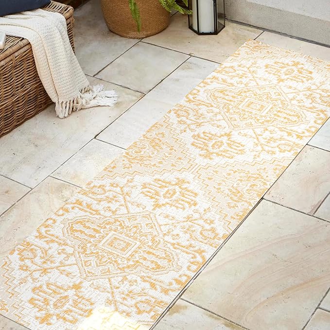 JONATHAN Y Boho Medallion Indoor Outdoor Runner Rug 2X8 Cream/Yellow, Estrella Textured Weave for Backyard, Patio, Porch, Easy-Cleaning, High Traffic, Pet-Friendly, Non-Shedding (SMB105H-28)