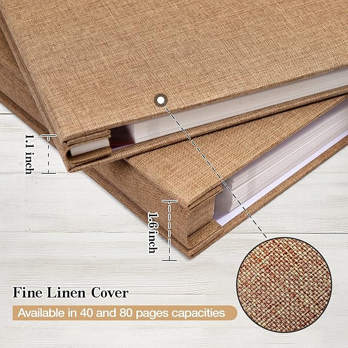 potricher 13.2x12.8 Inch Self Adhesive Photo Album Linen Cover 80 Pages Sticky 3x5 4x6 5x7 6x8 8x10 8.5x11 Magnetic DIY Scrapbook Photo Album with A Metallic Pen (Khaki)