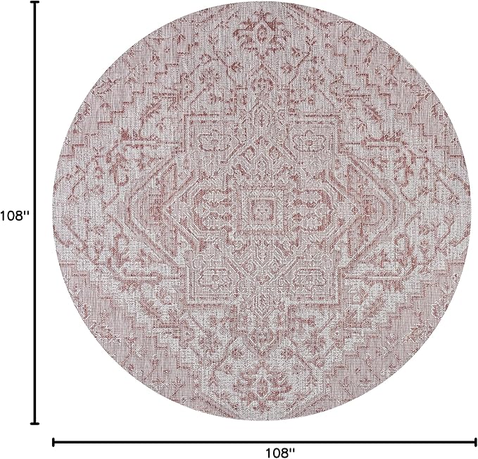 JONATHAN Y Boho Medallion Indoor Outdoor Round Area Rug 9 Ft Red/Taupe, Estrella Textured Weave for Backyard, Patio, Porch, Easy-Cleaning, High Traffic, Pet-Friendly, Non-Shedding (SMB105A-9R)