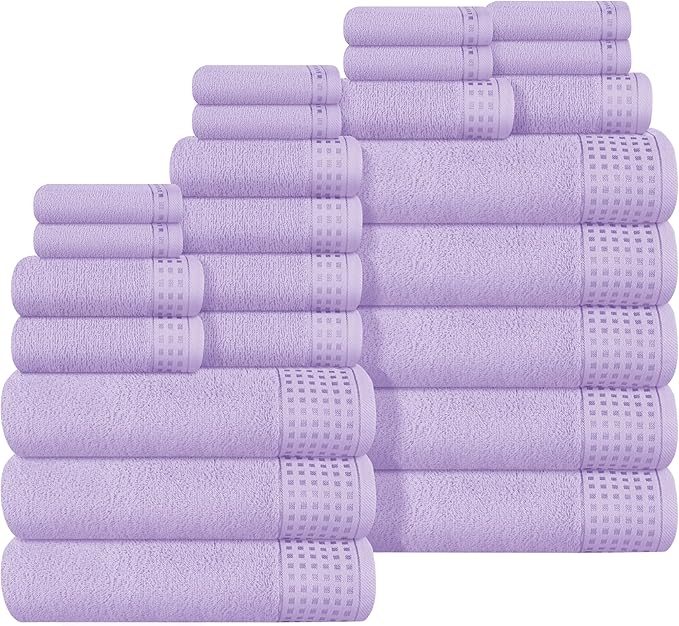 GLAMBURG Towels for Bathroom, 100% Cotton Towel Set, Contains 8 Soft Bath Towel, 8 Hand Towels, 8 Wash Cloths - Compact Absorbent Lightweight & Quickdry - 24 Piece Bathroom Towel Set - Purple