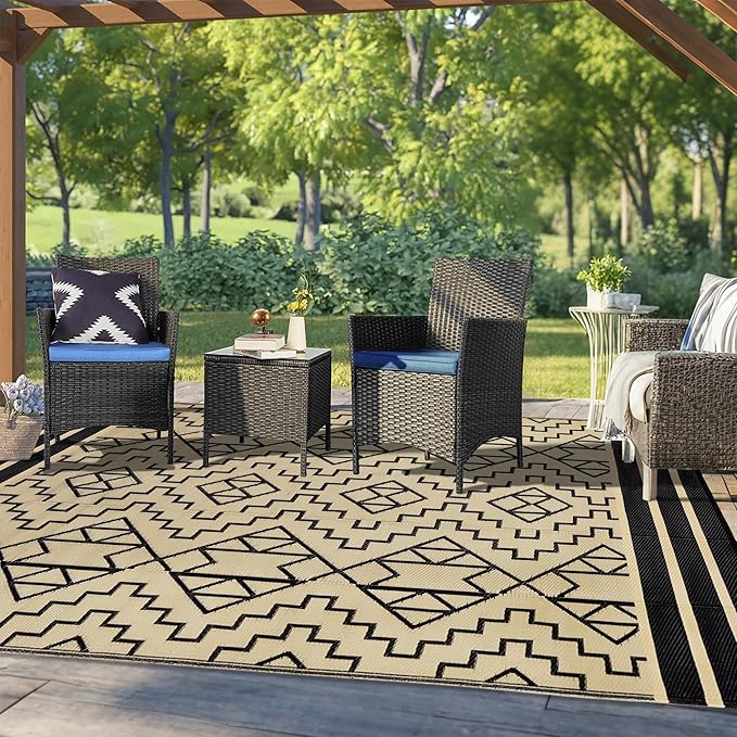 SAND MINE Reversible Mats, Plastic Straw Rug, Modern Area Rug, Large Floor Mat and Rug for Outdoors, RV, Patio, Backyard, Deck, Picnic, Beach, Trailer, Camping (6' x 9', Black & Beige)