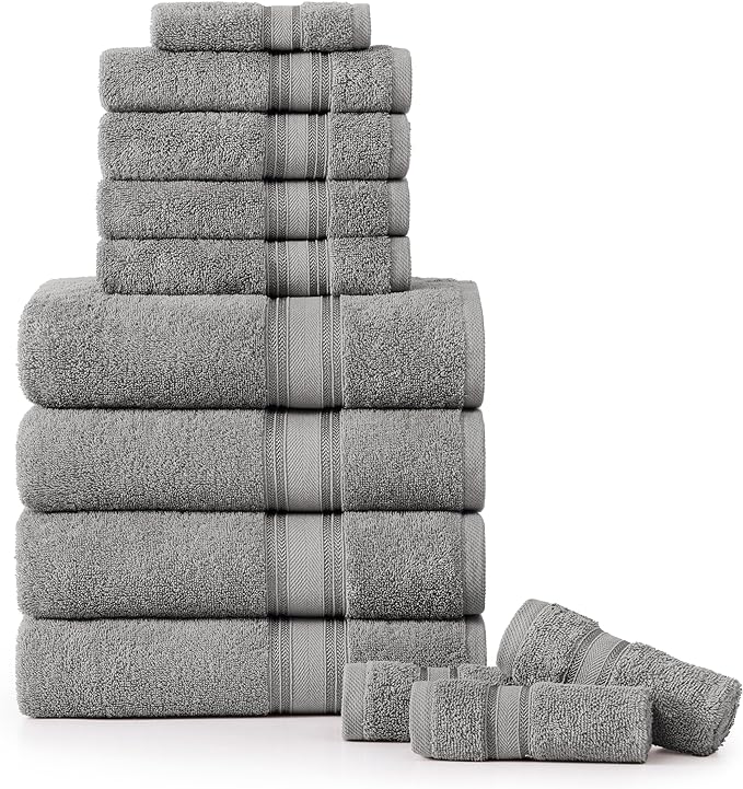 LANE LINEN Bath Towel Set of 12 – Premium 100% Cotton Ring-Spun, 4 Bath, 4 Hand & 4 Washcloth, Zero Twist Hotel Collection Towels Soft, Gentle on Body, Absorbent & Ideal for Everyday Use – Grey