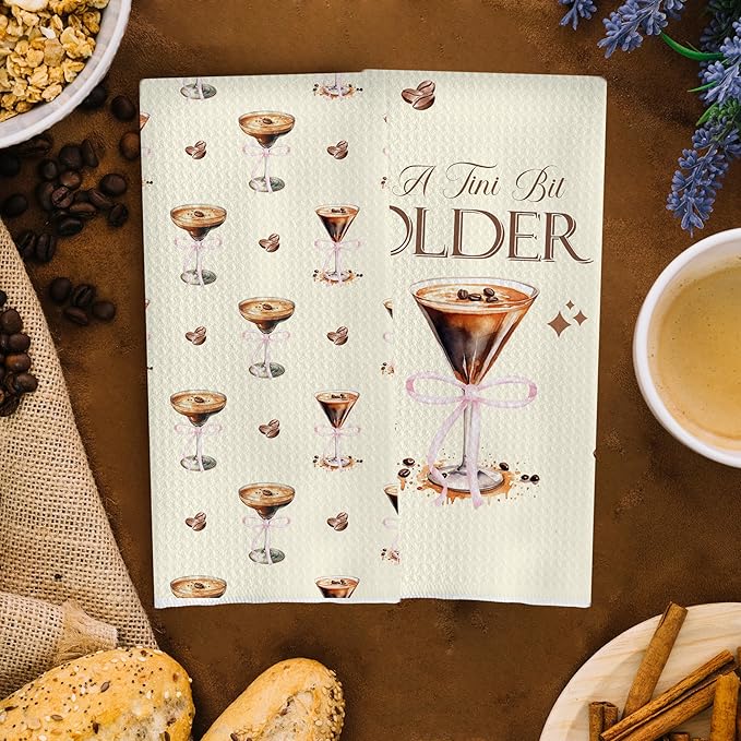 Espresso Martini Kitchen Towels Set - Coquette Espresso Martini Gift Decorative Waffle Dish Towels, A Tini Bit Older Martini Bar Party Decorations, Hand Tea Towel, 16x24 Inch Set of 2