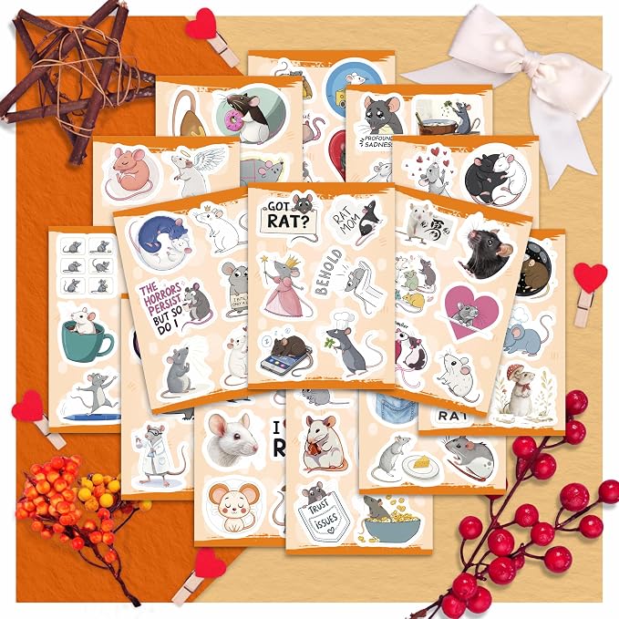 100Pcs Сute Rat Stickers for Water Bottle, Laptop - Funny Rat Gifts, Party Supplies & Party Decorations - Mouse Stickers and Decals - Gift for Women & Men