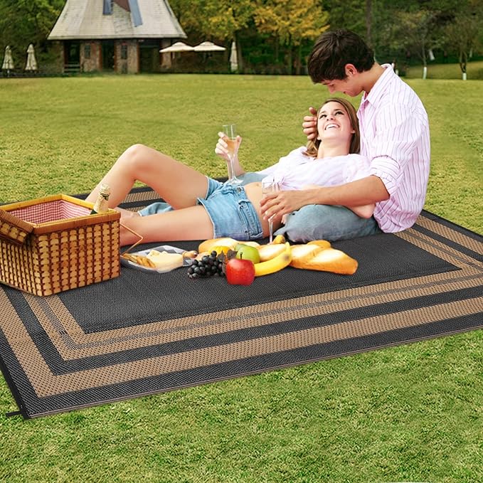 Outdoor Rug 8x10 Waterproof Patio Rugs Modern Border Reversible Mat for Front Door Rv Foldable Plastic Straw Carpet for Travel Trailers, Deck, Picnic, Camper, Balcony, Beach，Black/Brown