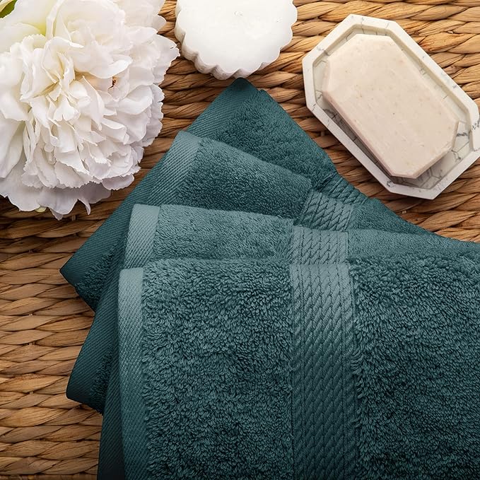 BLUENILEMILLS BNM Egyptian Cotton 4-Piece Towel Set, Includes 4 Hand Towels, Attached Loop for Easy Hanging and Storage, Hotel Quality, Perfect for Bathroom, Gym, Shower Space, or Spa, Teal