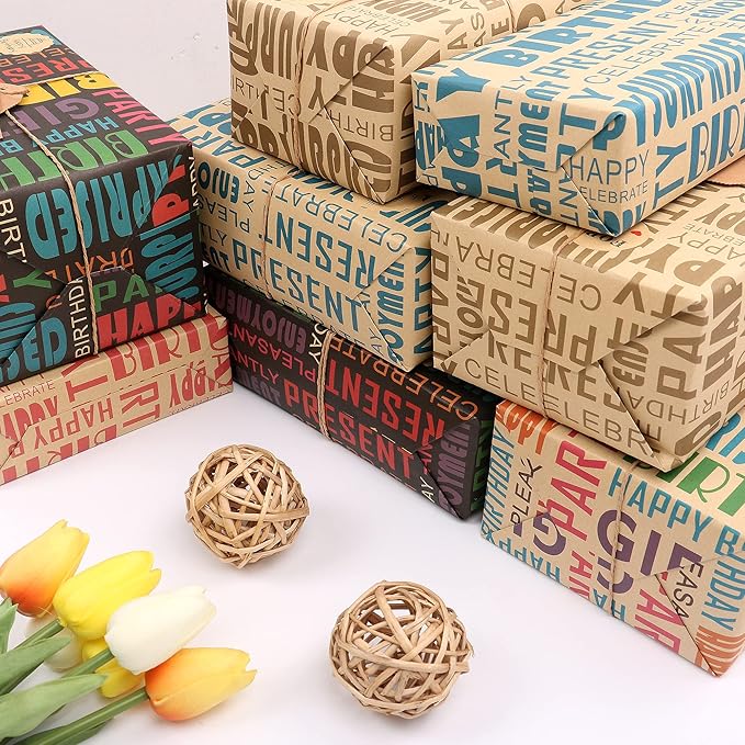 MAMUNU 10 Sheets Birthday Wrapping Paper, Colorful Happy Birthday Kraft Gift Wrapping Paper for Men Women Girls Boys, Recycled Brown Gift Wrap Paper Set with Tags Stickers, 20 x 28Inch