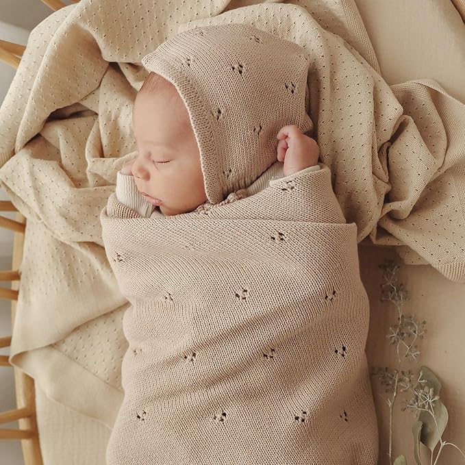 Organic Unisex Pointelle Receiving Swaddle Blanket for Boys & Girls - 100% Luxury Organic Soft Cotton Knit Warm Cozy Cuddle Stroller Blanket for Newborns, Infants, & Toddlers (Mocha)