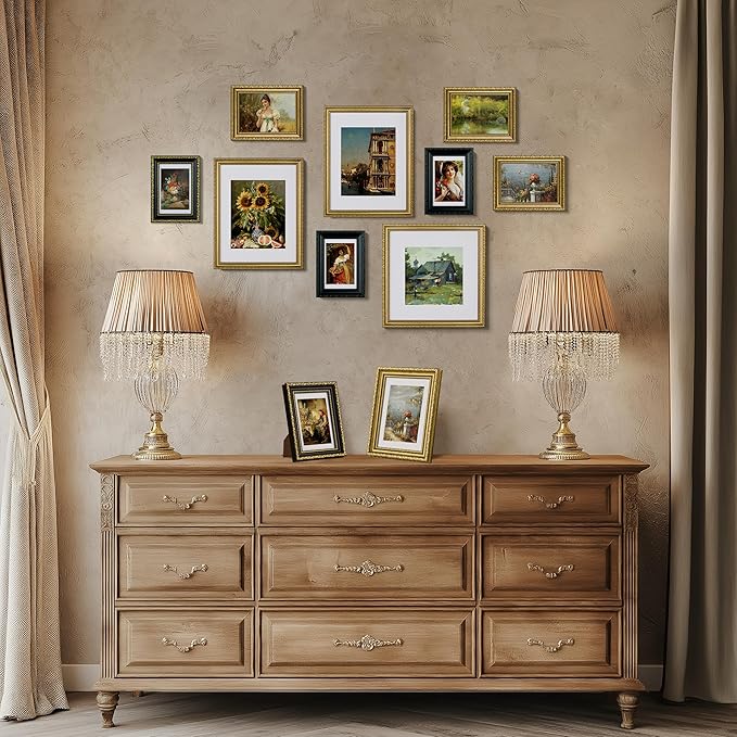 eletecpro 12x12 Picture Frames Set of 4, Vintage Photo Frame with Glass, Gold Frames 12 by 12 Display 8x8 Photo with Mat or 12x12 without Mat for Home Wall Decor, Gold