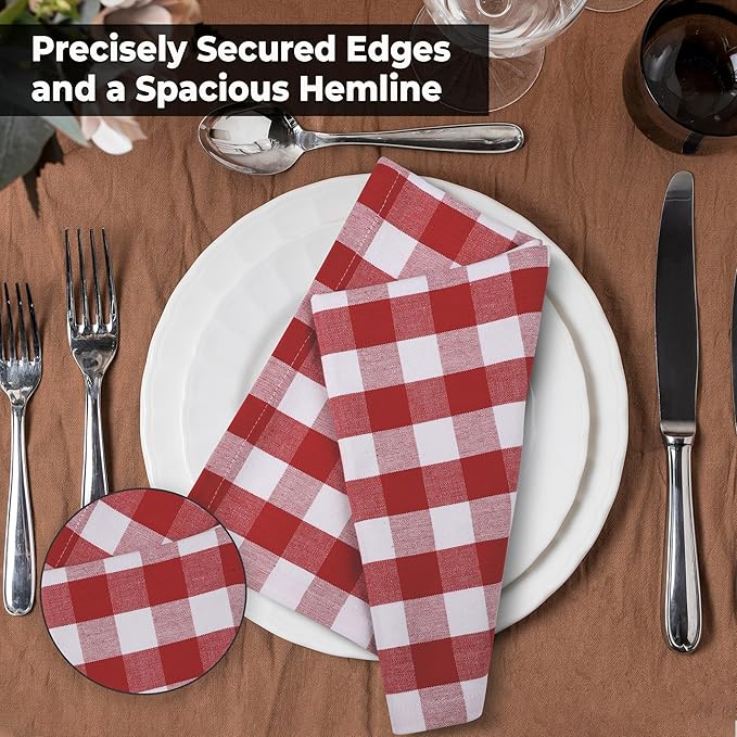 Urban Villa Cloth Napkins 100% Cotton Dinner Napkins Highly Absorbent 20x20 Inches (Set of 12) Red White Buffalo Checks Reusable Washable Soft Durable Premium Napkins Ideal for Home Wedding Parties