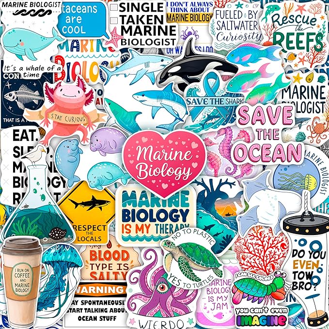 100Pcs Marine Biology Stickers for Scrapbooking, for Luggage, for Water Bottle - Marine Biology Party Supplies & Decorations - Ocean Life Stickers and Decals - Gifts for Women & Men