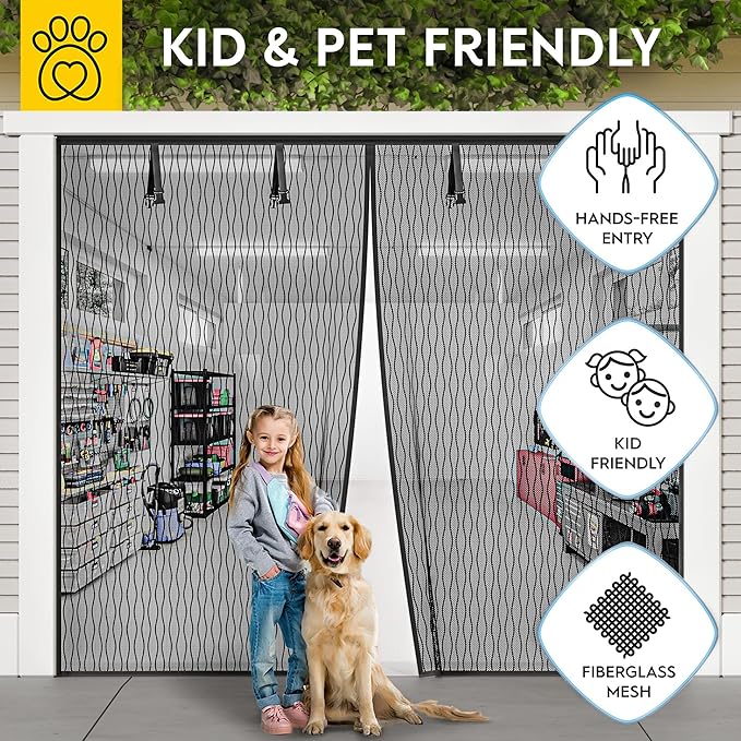 AUGO Garage Door Screen Magnetic Closure - Garage Screen Doors for 1 Car Garage Pull Down - Magnetic Screen Door Mesh - Heavy Duty Weighted Bottom- Pet & Kid Friendly - Keep Open Feature - 8' x 7'