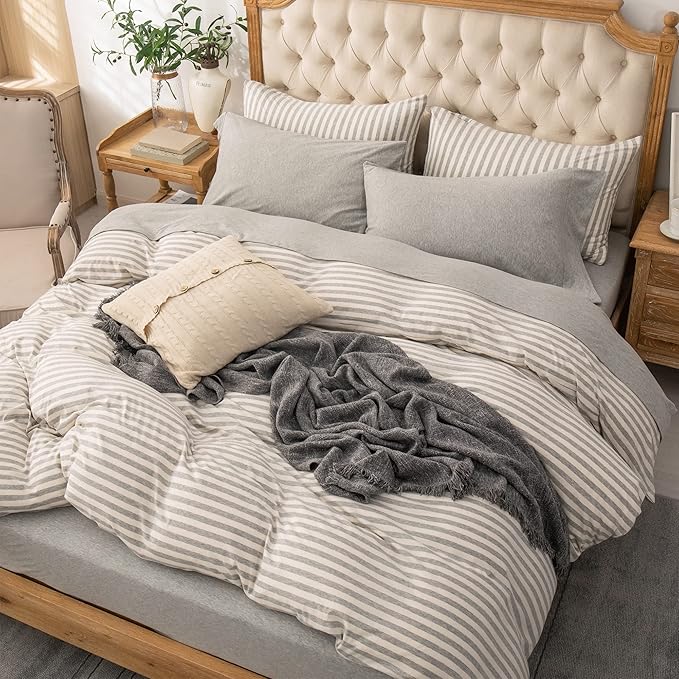 PURE ERA Jersey Knit 4pc Bed Sheet Set 100% T-Shirt Heather Cotton Super Soft Comfy Breathable Fits Mattress Up to 20" Extra Deep Pocket (Heather Light Grey, King)
