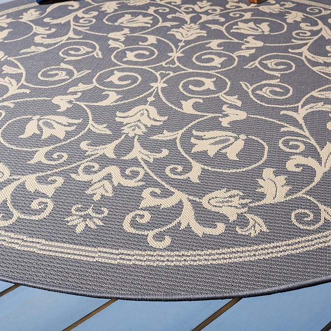 SAFAVIEH Washable Rug Outdoor Courtyard Collection - 5'3" Round, Grey & Natural, Non-Shedding & Easy Cleaning, Ideal for Patio, Backyard, Mudroom (CY2098-3606)