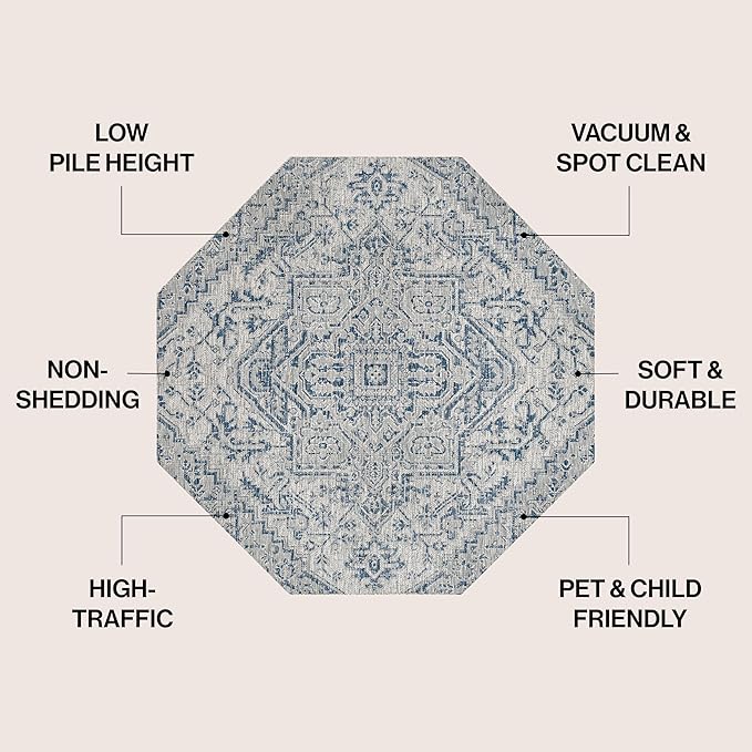 JONATHAN Y Boho Medallion Indoor Outdoor Octagon Area Rug 8 Ft Navy/Gray, Estrella Textured Weave for Backyard, Patio, Porch, Easy-Cleaning, High Traffic, Pet-Friendly, Non-Shedding (SMB105B-8TGN)