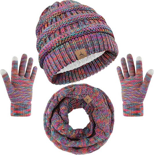 Winter Beanie Hat Scarf Gloves, Warm Fleece Knit Hats Touch Screen Gloves Neck Scarf Set Winter Gifts for Unisex Adult
