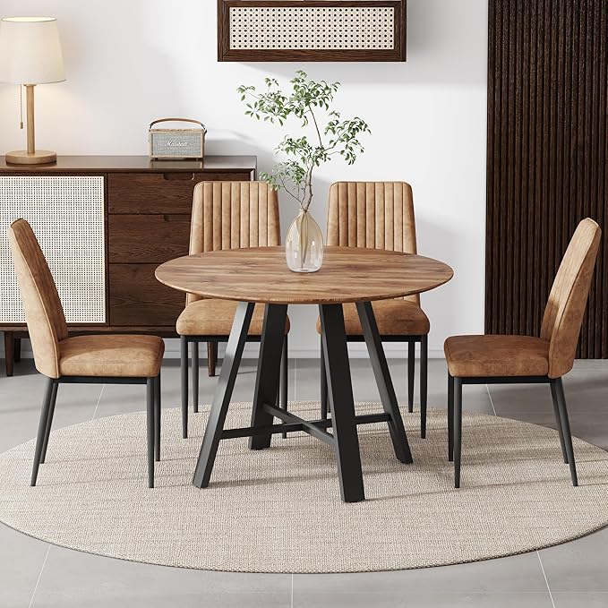Round Dining Table Set for 4, Round Kitchen Table Chairs Set for 4,42" Modern Circle Dining Table Set for 4 with Leathaire Chairs for Small Space Kitchen Living Office Apartment