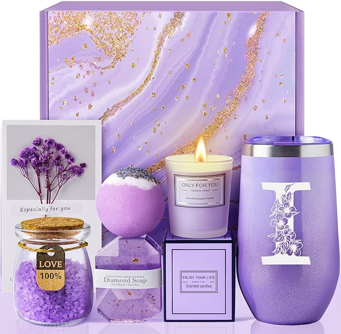 Gifts for Women Mom, Unique Birthday Gifts for Her Sister Best Friend Girls, Christmas Spa Gift Box Basket with 20 oz Initial Tumbler - Nurse Gifts, Mothers Day Gifts, Teacher Appreciation Gifts (I)