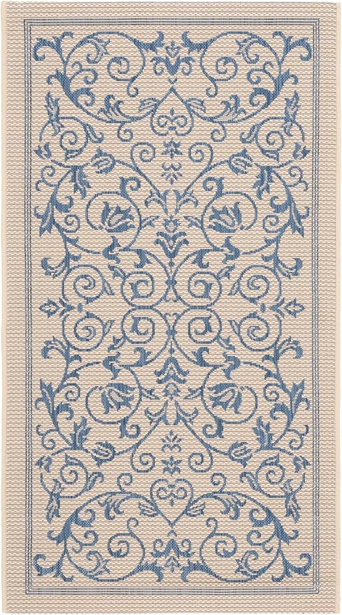 SAFAVIEH Washable Rug Outdoor Courtyard Collection - 4' x 5'7", Natural & Blue, Non-Shedding & Easy Cleaning, Ideal for Patio, Backyard, Mudroom (CY2098-3101)