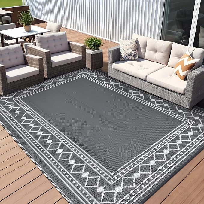 Large Outdoor Rug,9x12 Waterproof Modern Bordered Plastic Straw Carpet,Lightweight Outdoor Carpet,Easy Cleaning Folding Uv Resistant Picnic Camping Mat,Grey/White