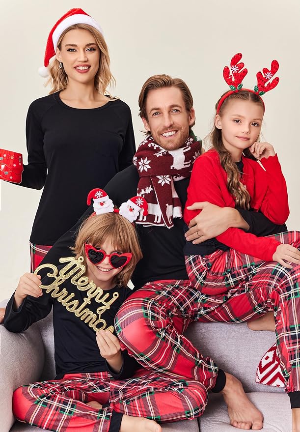 Ekouaer Family Matching Pajamas Christmas Sleepwear Long Sleeve Sleep Shirt with Plaid Pants Soft Loungewear Pjs Set S-XXL