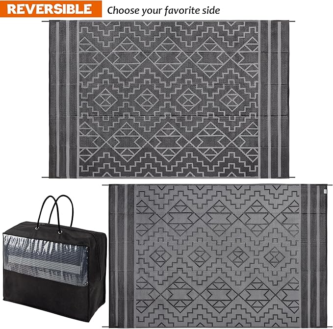 SAND MINE Reversible Mats, Plastic Straw Rug, Modern Area Rug, Large Floor Mat and Rug for Outdoors, RV, Patio, Backyard, Deck, Picnic, Beach, Trailer, Camping (6' x 9', Black & Grey)