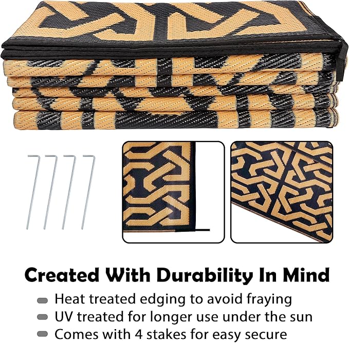 SAND MINE Reversible Mats, Plastic Straw Rug, Modern Area Rug, Large Floor Mat and Rug for Outdoors, RV, Patio, Backyard, Deck, Picnic, Beach, Camping, Trailer, Black & Brown, 9' x 12'
