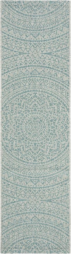SAFAVIEH Washable Rug Outdoor Courtyard Collection - 2'3" x 10' Runner, Light Grey & Aqua Blue, Non-Shedding & Easy Cleaning, Ideal for Patio, Entryway, Mudroom, Hallway, Kitchen (CY8734-37112)
