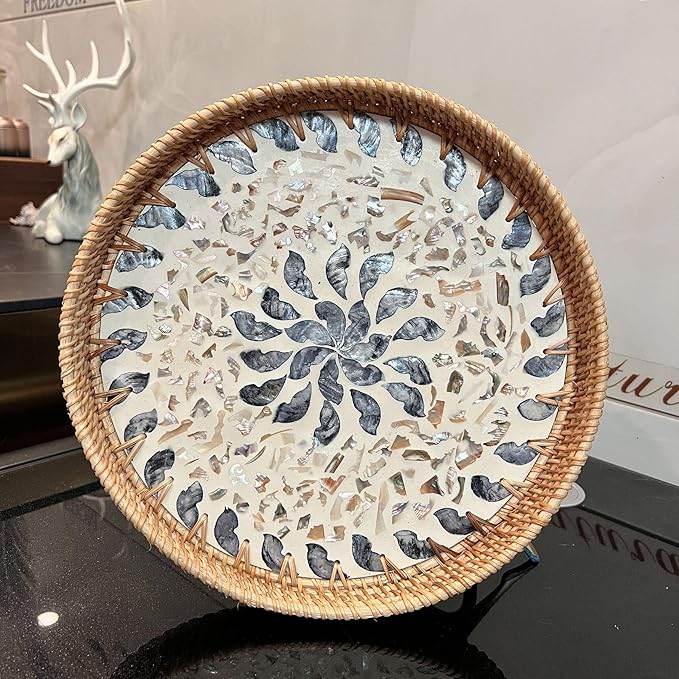 Rattan Serving Tray with Mother of Pearl, Round Coffee Table Wicker Tray Decor, Boho Decorative Woven Tray (Lucky Flower, 12 inch)