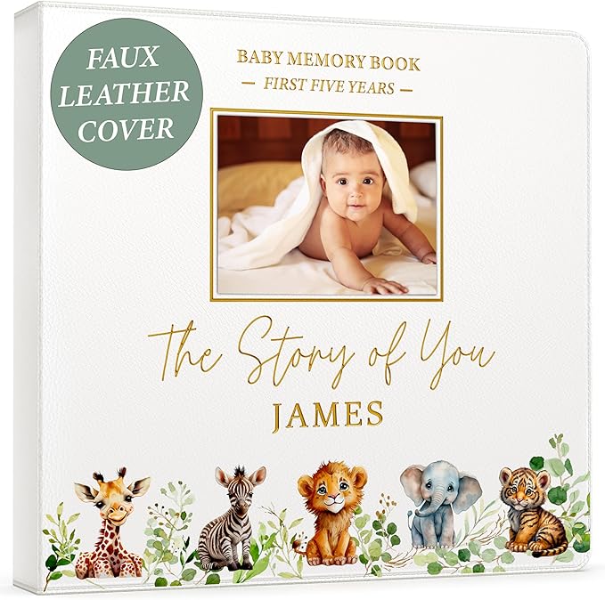 PERSONALIZED Baby Book – Baby Memory Book Keepsake for Boy or Girl I First 5 Year I Faux Leather, Gender Neutral, Safari Theme w/Gold Foil Stamp - Baby First Year Book Scrapbook Photo Album Shower