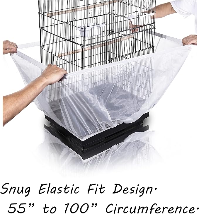 Tamu style Bird Cage Seed Catcher, Large, Stretchy Form Fitting Mesh Skirt Cover for Parrot Enclosures, Light and Breathable Fabric, Prevent Scatter and Mess, Reusable,Adjustable, Lightweight,Black | Stretchy bird cage cover with nylon netting; breatha...