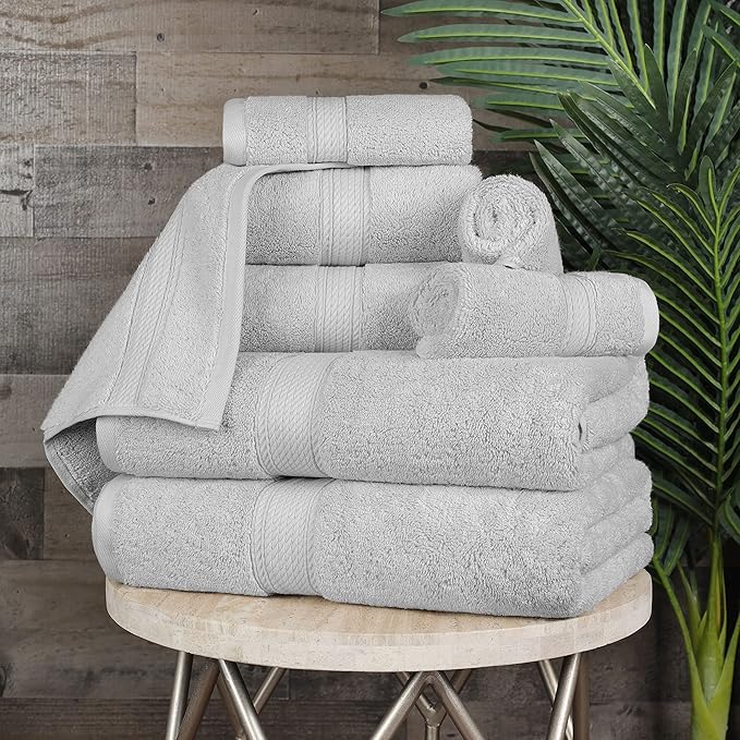 BLUENILEMILLS Madison Egyptian Cotton Towels, Towel Set for Bathroom, Shower, Hotel, Plush, 900 GSM, Highly Absorbent and Ultra-Soft Towels, Bath Essentials, 8 Piece Assorted Towel Set, Silver