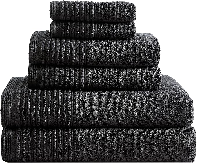 Vera Wang - Bath Towels, Highly Absorbent & Super Soft Bathroom Essentials, Oeko-Tex Certified (Sculpted Pleat Black, 6-Piece) (Pack of 6)
