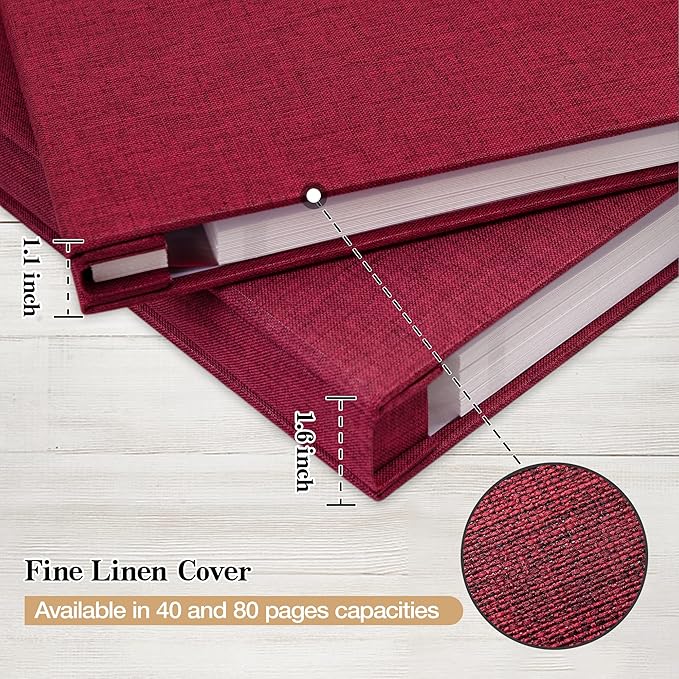 potricher 13.2x12.8 Inch Self Adhesive Photo Album Linen Cover 80 Pages Sticky 3x5 4x6 5x7 6x8 8x10 8.5x11 Magnetic DIY Scrapbook Photo Album with A Metallic Pen (Red)