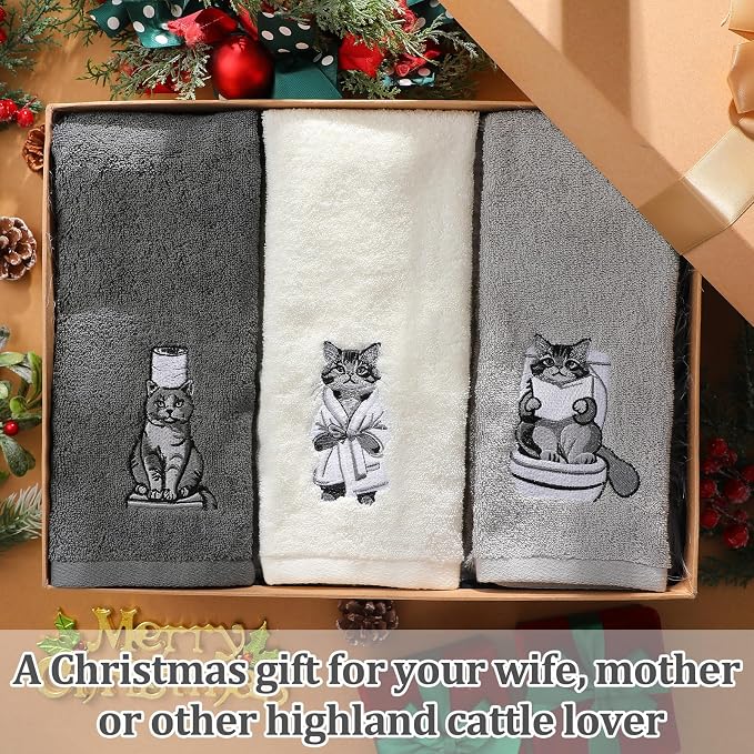 3 Pcs Decorative Hand Towels for Bathroom Cat Grey | 100% Cotton Embroidered Kitchen Towels, Farmhouse Rustic Home Decor, Soft Absorbent 13.3x29.5 Inch, Housewarming Gifts